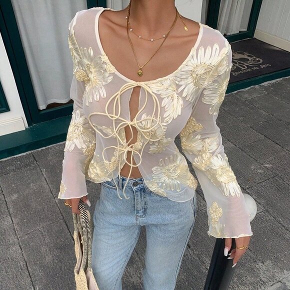 Tops - Apricot Elegant Women's Floral Mesh Long Sleeve Blouse